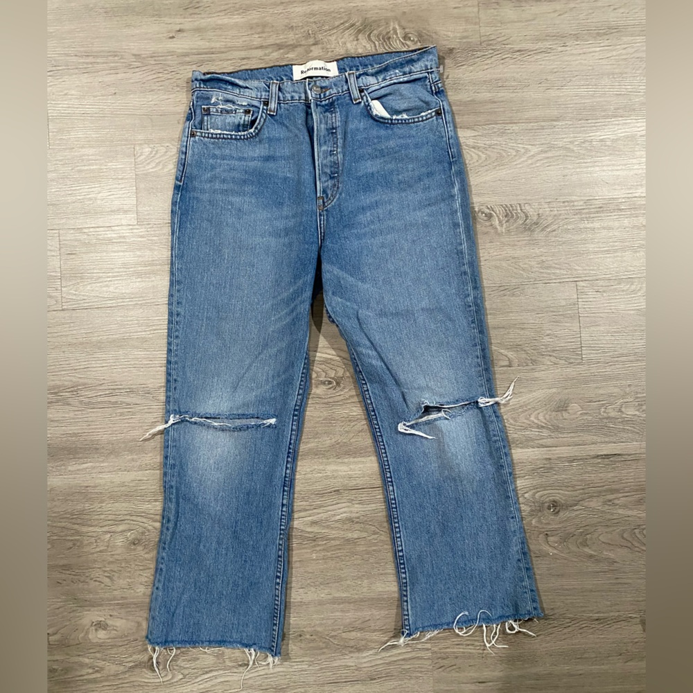 Reformation Jordy Kick Flare Antigua Destroyed Raw Hem High Waist